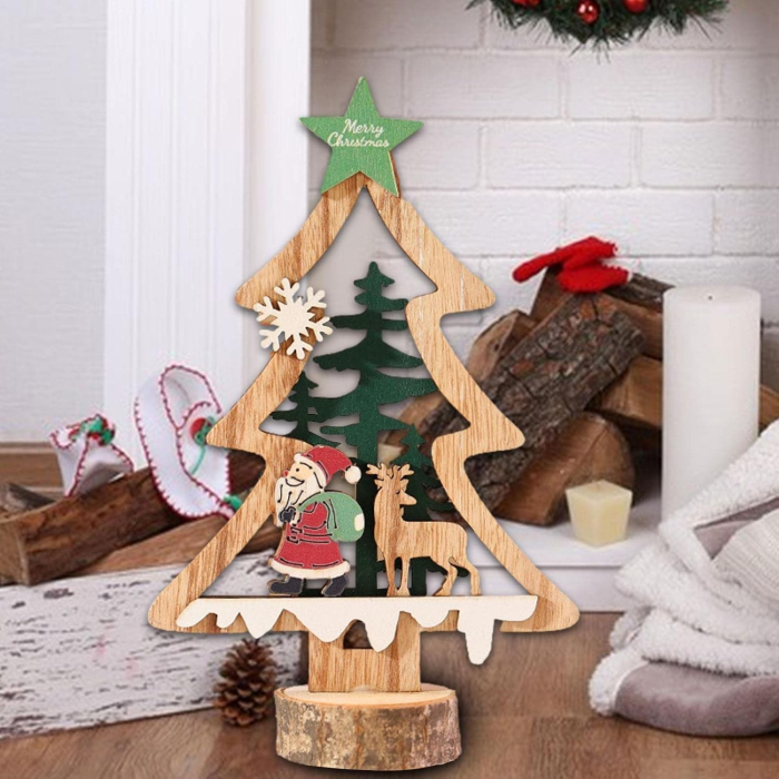 Decoratiune de Craciun, Flippy, din Lemn, 13 x 20 cm, Model Brad cu Stea Verde, Multicolor [2]