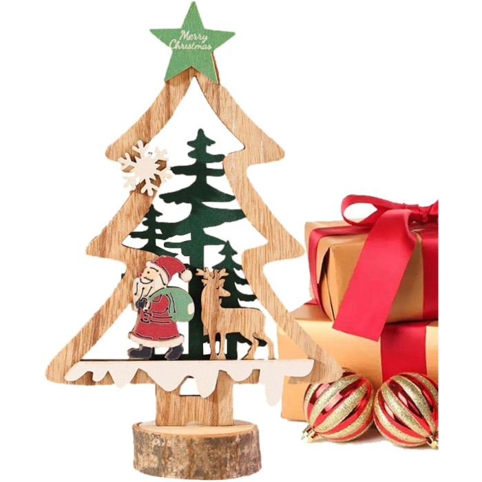 Decoratiune de Craciun, Flippy, din Lemn, 13 x 20 cm, Model Brad cu Stea Verde, Multicolor [1]