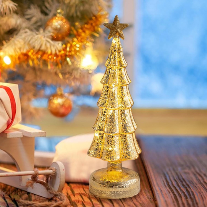 Decoratiune de Craciun, Flippy, Model Brad cu Stea, din Sticla, Lumini, Baterii 3 AA, 31.5 x 9 cm, Auriu [2]