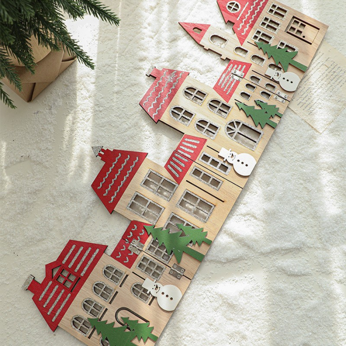 Decoratiune de Craciun, Flippy, Model Orasel de Craciun pentru Brad, in stil European, Pliabil din Lemn, 57 x 20 cm, Maro Natur Rosu [2]