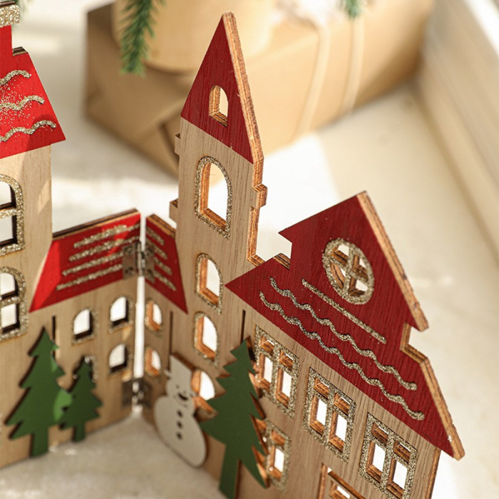 Decoratiune de Craciun, Flippy, Model Orasel de Craciun pentru Brad, in stil European, Pliabil din Lemn, 57 x 20 cm, Maro Natur Rosu [3]