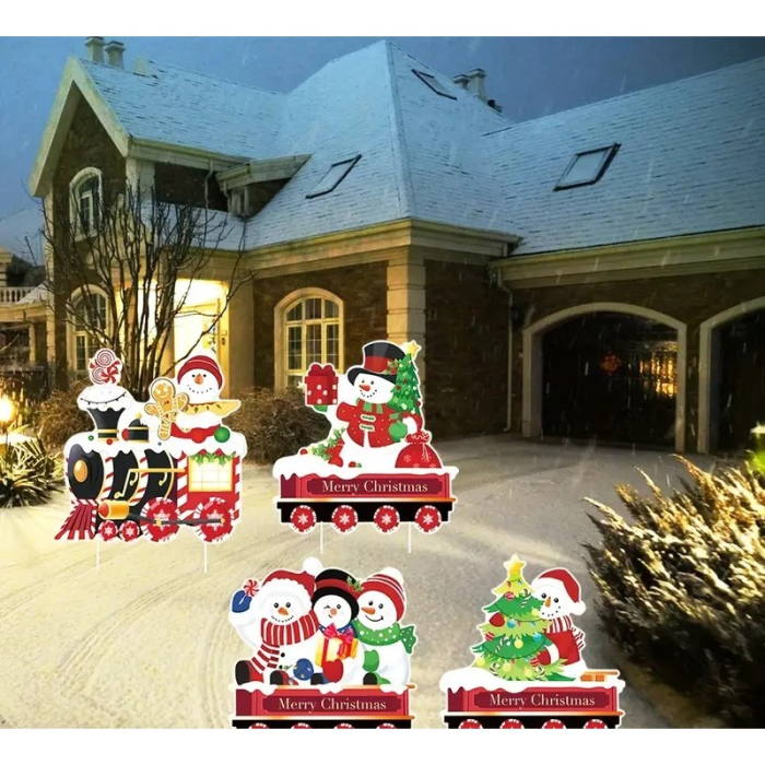 Decoratiune de Craciun, Flippy, pentru Gradina, Tip Trenulet, 4 Figurine + Bete de Infipt in Pamant, din Plastic, Impermeabil, Model Oameni de Zapada, Multicolor [3]