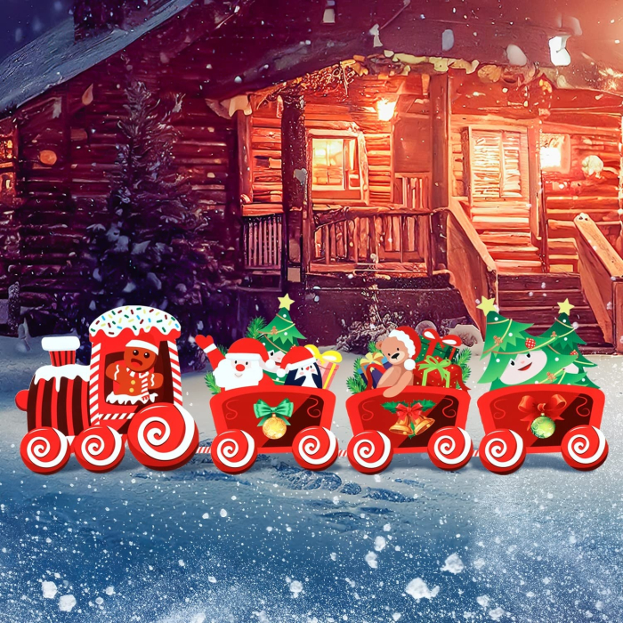 Decoratiune de Craciun, Flippy, pentru Gradina, Tip Trenulet, 4 Figurine + Bete de Infipt in Pamant, din Plastic, Impermeabil, Model Tren cu Omul Briosa in Locomotiva, Multicolor [2]