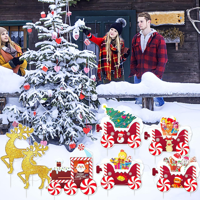 Decoratiune de Craciun, Flippy, pentru Gradina, Tip Trenulet, 7 Figurine + Bete de Infipt in Pamant, din Plastic, Impermeabil, Model Renii Joy si Noel, Multicolor [3]