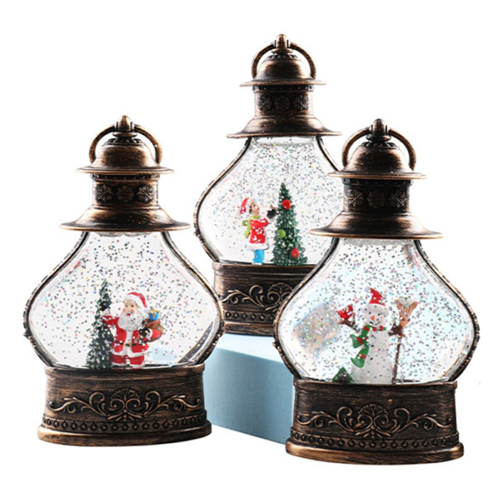 Decoratiune de Craciun tip Felinar, Flippy, Glob de Cristal cu Fulgi de Zapada, Model Om de Zapada, Ornamentat cu Luminite Interioare, 14.5 x 9 x 3 cm, Rama Neagra, Transparent [2]