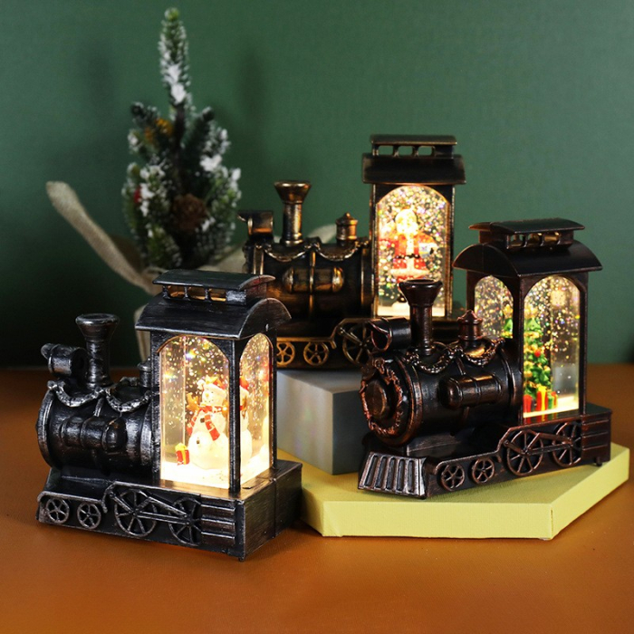 Decoratiune de Craciun tip Locomotiva, Flippy, Glob de Cristal cu Fulgi de Zapada, Model Om de Zapada, Iluminare LED, 11.5 x 12.5 x 6 cm, Carcasa Vintage Bronze, Transparent [2]