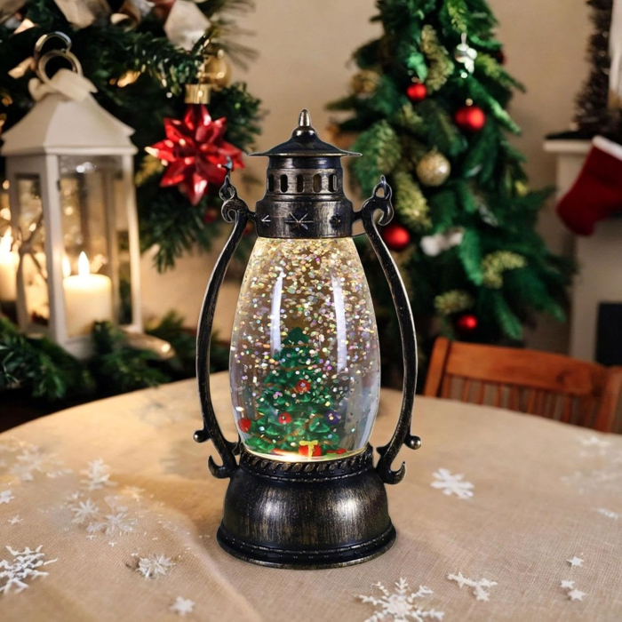 Decoratiune Luminoasa, Flippy, Felinar de Craciun, cu Lumina LED, Ornament Model Lampa cu Ulei Brad de Craciun, cu Maner, 14x7x6 cm, Negru [2]