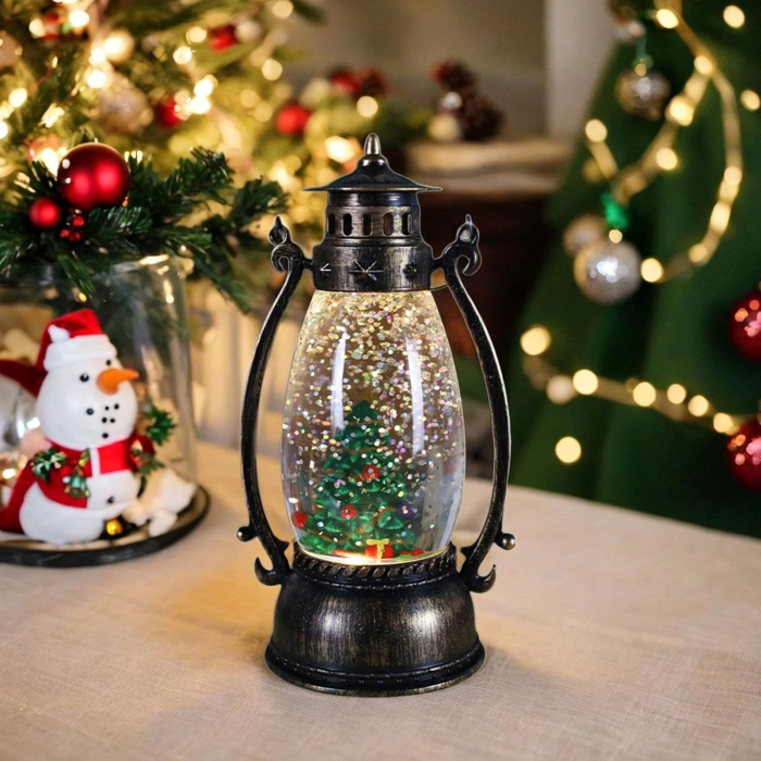 Decoratiune Luminoasa, Flippy, Felinar de Craciun, cu Lumina LED, Ornament Model Lampa cu Ulei Brad de Craciun, cu Maner, 14x7x6 cm, Negru [3]