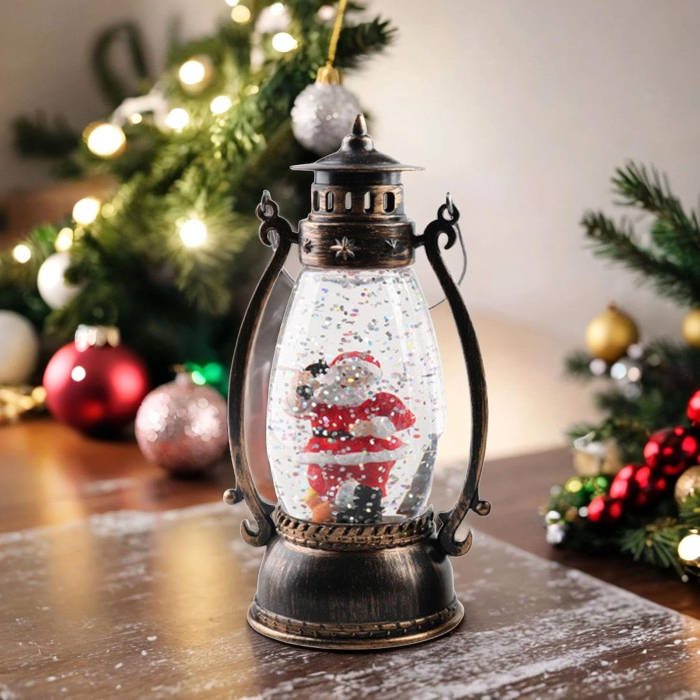 Decoratiune Luminoasa, Flippy, Felinar de Craciun, cu Lumina LED, Ornament Model Lampa cu Ulei Mos Craciun, cu Maner, 14x7x6 cm, Negru [1]