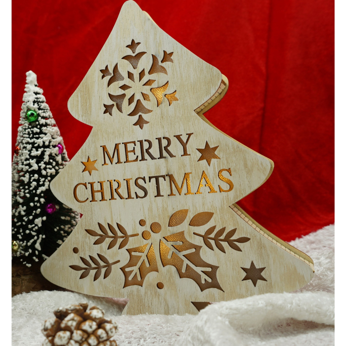 Decoratiune luminoasa, model de  Brad cu inscriptie Marry Christmas, alb, lungime: 19 cm, latime: 3 cm, inaltime: 22 cm, lemn, interior/exterior [1]