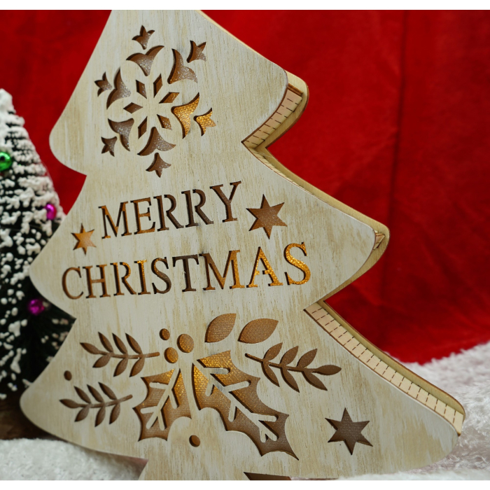 Decoratiune luminoasa, model de  Brad cu inscriptie Marry Christmas, alb, lungime: 19 cm, latime: 3 cm, inaltime: 22 cm, lemn, interior/exterior [3]