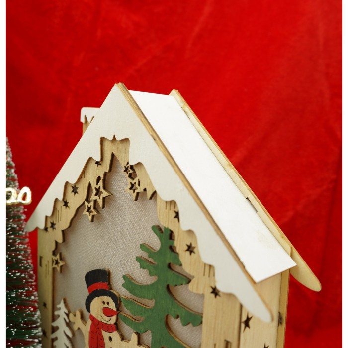 Decoratiune luminoasa, model de  Casa cu Om de zapada, maro, lungime: 18 cm, latime: 5 cm, inaltime: 21 cm, lemn, interior/exterior [4]