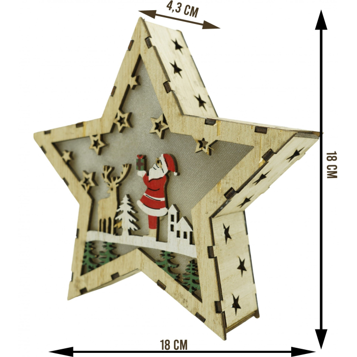 Decoratiune luminoasa, model de Stea cu Mos Craciun, maro, lungime: 18 cm, latime: 18 cm, inaltime: 4 cm, lemn, interior/exterior [5]