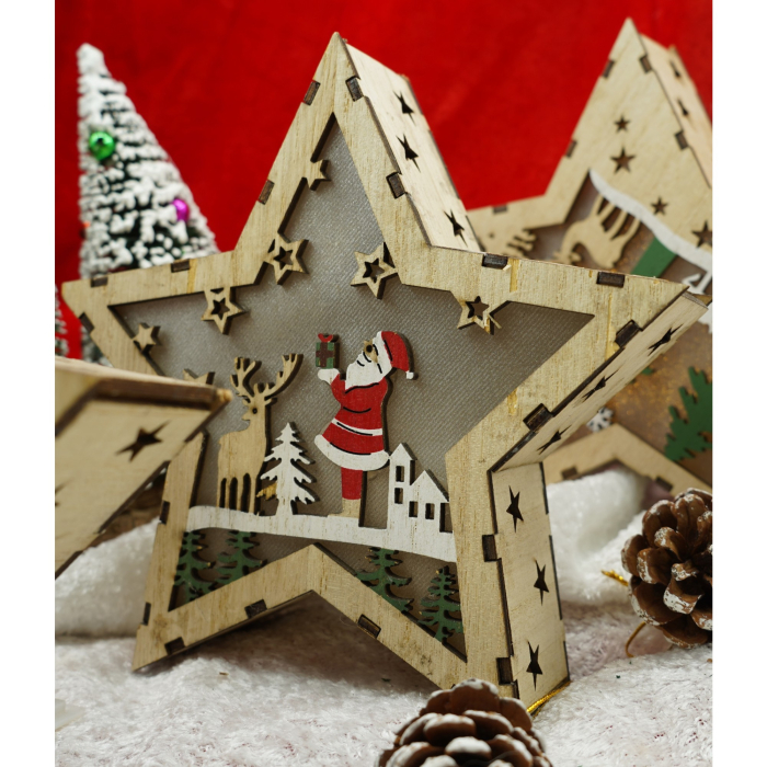 Decoratiune luminoasa, model de Stea cu Mos Craciun, maro, lungime: 18 cm, latime: 18 cm, inaltime: 4 cm, lemn, interior/exterior [3]