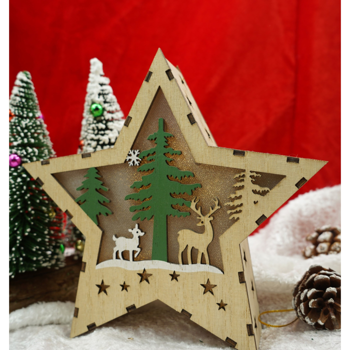 Decoratiune luminoasa, model de Stea cu Reni, maro, lungime: 18 cm, latime: 18 cm, inaltime: 4 cm, lemn, interior/exterior [1]