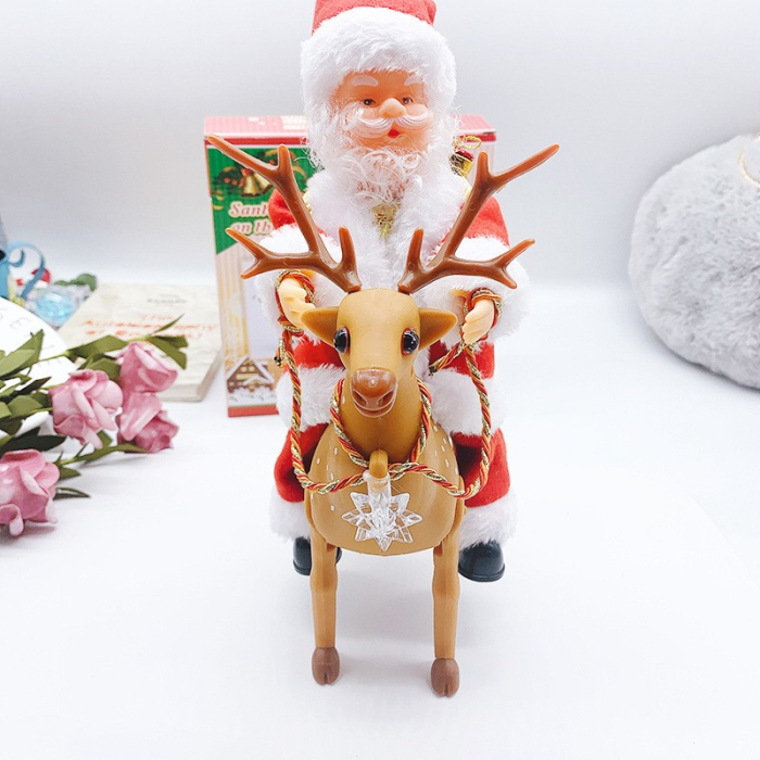 Decoratiune Mos Craciun, Flippy, Animat, care Canta si Danseaza, cu Saculet, pe Ren, Imbracat Festiv, 28x21x10 cm, Rosu [1]