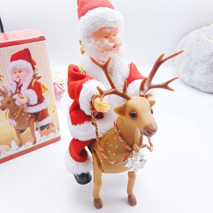 Decoratiune Mos Craciun, Flippy, Animat, care Canta si Danseaza, cu Saculet, pe Ren, Imbracat Festiv, 28x21x10 cm, Rosu [9]