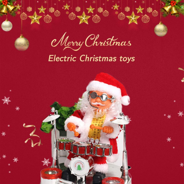 Decoratiune Mos Craciun, Flippy, Animat, care Canta si Danseaza, cu Tobe, Imbracat Festiv, 20x17 cm Inaltime, Rosu [1]