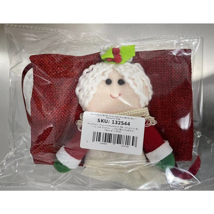 Decoratiune pentru Sticla de Vin, Flippy, Tema Craciun, Model Doamna Craciun, 14 x 29 cm, Rosu [1]