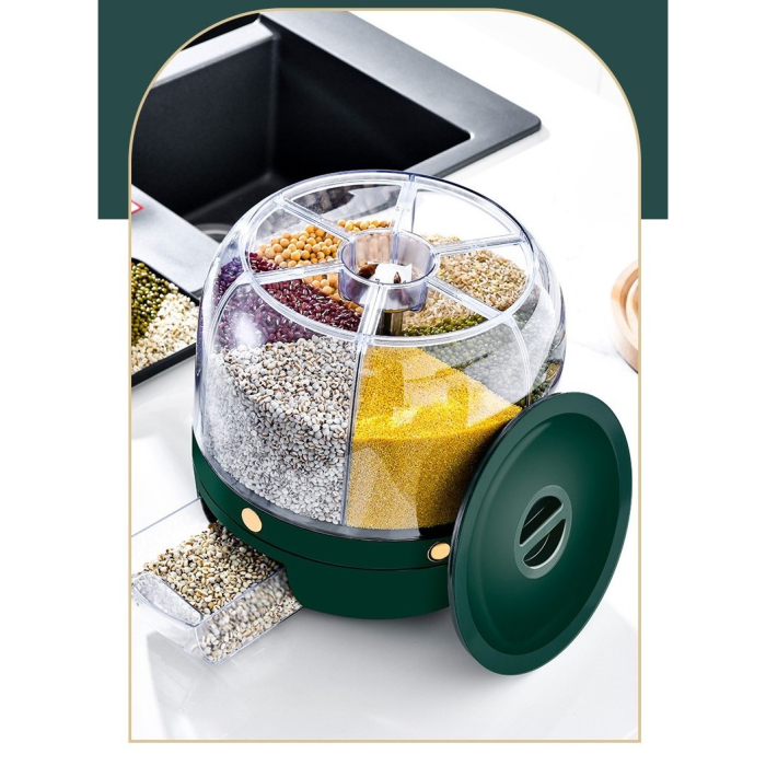 Dozator de cereale Flippy, rotativ 360, 6 compartimente, capacitate 3 L, rezistent la umezeala, inchidere etansa, verde inchis [2]