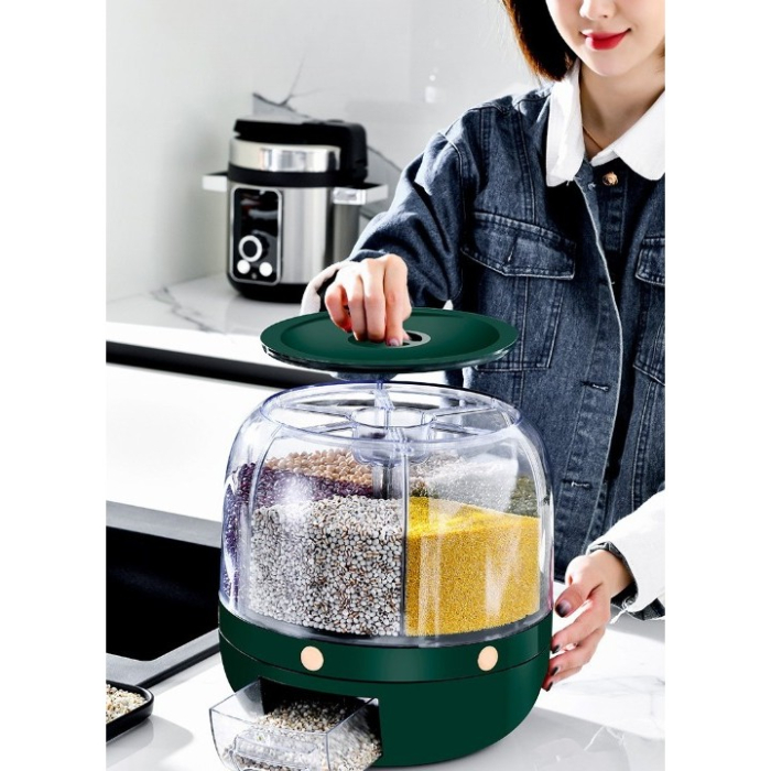 Dozator de cereale Flippy, rotativ 360, 6 compartimente, capacitate 3 L, rezistent la umezeala, inchidere etansa, verde inchis [6]