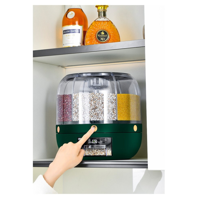 Dozator de cereale Flippy, rotativ 360, 6 compartimente, capacitate 3 L, rezistent la umezeala, inchidere etansa, verde inchis [8]