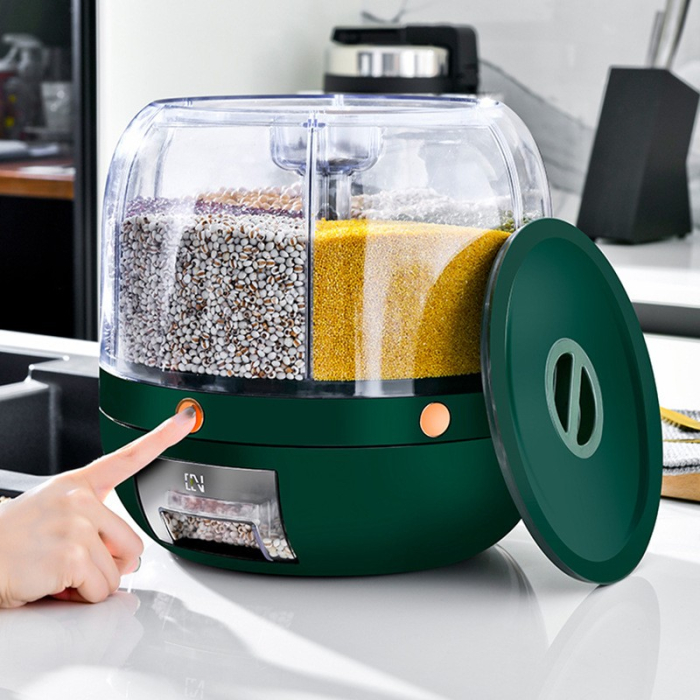 Dozator de cereale Flippy, rotativ 360, 6 compartimente, capacitate 3 L, rezistent la umezeala, inchidere etansa, verde inchis [4]