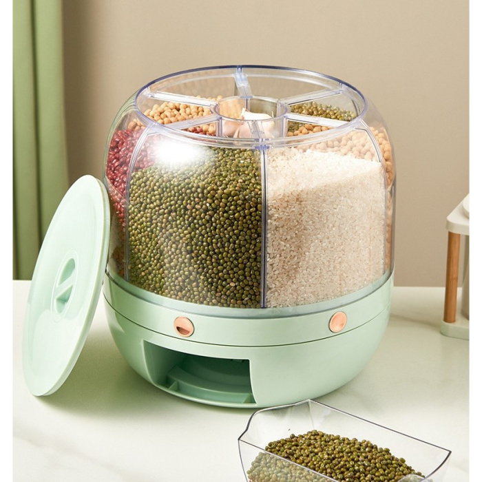Dozator de cereale Flippy, rotativ 360, 6 compartimente, capacitate 6 L, rezistent la umezeala, inchidere etansa, verde deschis [5]