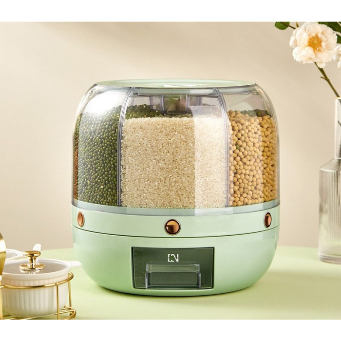 Dozator de cereale Flippy, rotativ 360, 6 compartimente, capacitate 6 L, rezistent la umezeala, inchidere etansa, verde deschis [2]