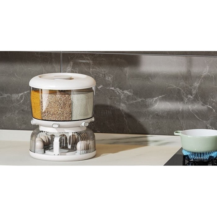 Dozator etajat de cereale Flippy, rotativ 360, 6 compartimente, capacitate 10L, cofrag special pentru oua, vas pentru scurgerea cerealelor, 35x27.5 cm, alb [2]