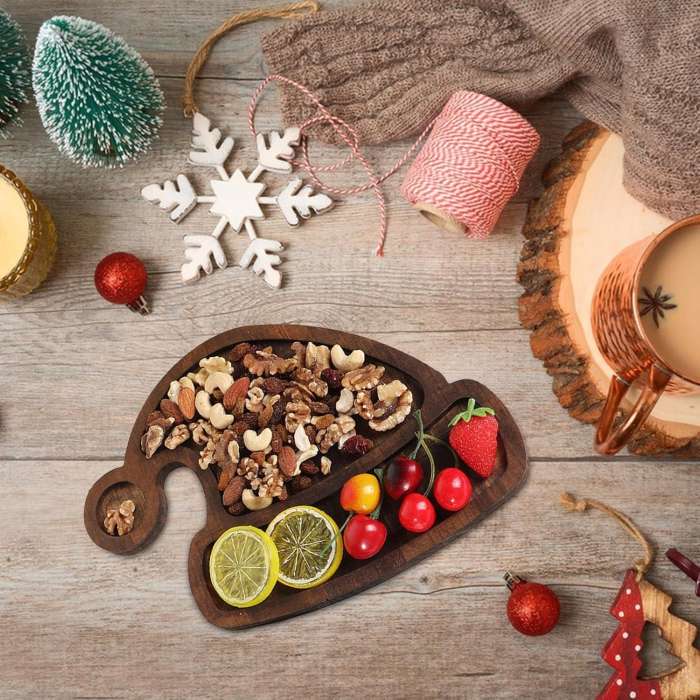 Farfurie cu Tematica de Craciun, Flippy, din Lemn, Margini Rotunjite, Model Caciula de Mos, Maro [3]