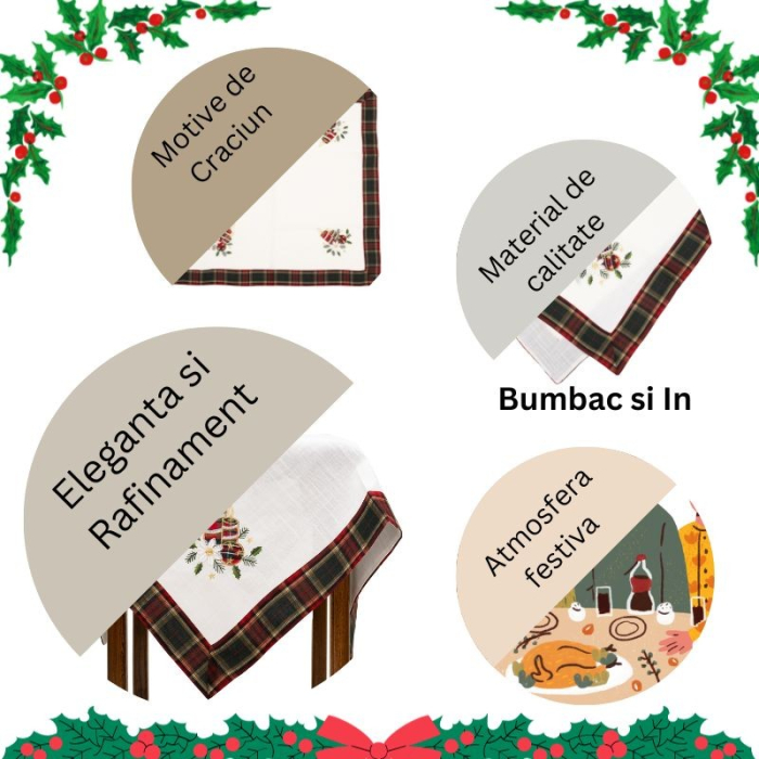 Fata de Masa Flippy, Material In Brodat, cu Motive de Craciun Lumanari, 85 x 85 cm, Alb [2]