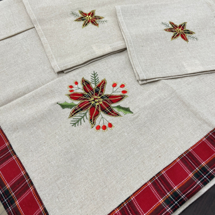 Fata de Masa Flippy, Material In Brodat, cu Motive Florale de Craciun, 85 x 85 cm, Crem [3]