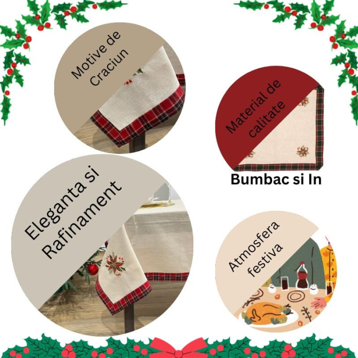 Fata de Masa Flippy, Material In Brodat, cu Motive Florale de Craciun, 85 x 85 cm, Crem [2]