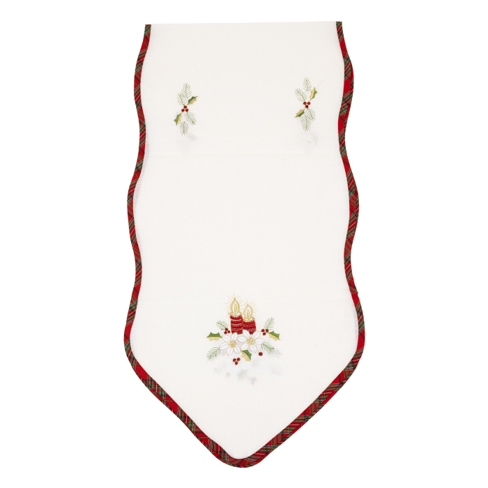 Fata de Masa Flippy, Material In Brodat, cu Motive Florale de Craciun si Lumanari, 180 x 40 cm, Alb [4]