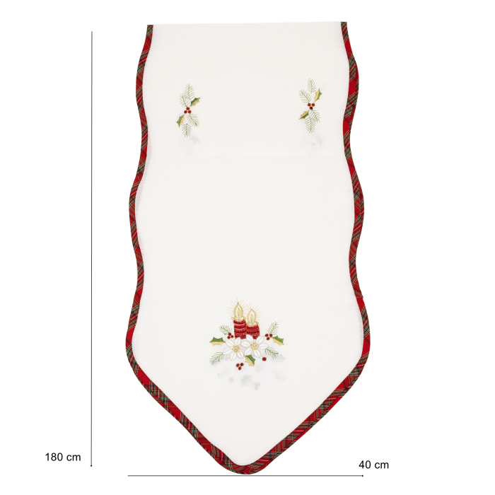 Fata de Masa Flippy, Material In Brodat, cu Motive Florale de Craciun si Lumanari, 180 x 40 cm, Alb [2]