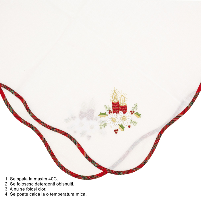 Fata de Masa Flippy, Material In Brodat, cu Motive Florale de Craciun si Lumanari, 85 x 85 cm, Alb [2]