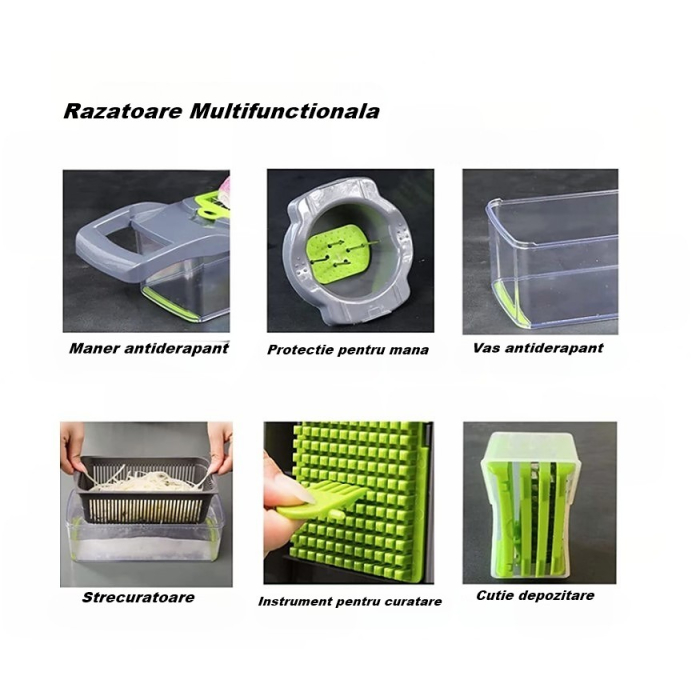 Feliator Multifunctional, Flippy, Razatoare, 8 in 1, pentru Fructe si Legume, 10 Piese, Lame de Inox, Recipient Stocare, Separator Oua, Protectie Mana, ABS, 32.2x11.3 cm, Verde/Gri [7]