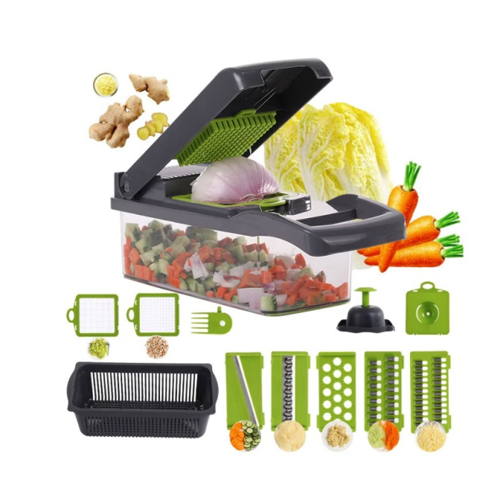Feliator Multifunctional, Flippy, Razatoare, 8 in 1, pentru Fructe si Legume, 10 Piese, Lame de Inox, Recipient Stocare, Separator Oua, Protectie Mana, ABS, 32.2x11.3 cm, Verde/Gri [6]