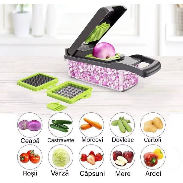 Feliator Multifunctional, Flippy, Razatoare, 8 in 1, pentru Fructe si Legume, 10 Piese, Lame de Inox, Recipient Stocare, Separator Oua, Protectie Mana, ABS, 32.2x11.3 cm, Verde/Gri [3]