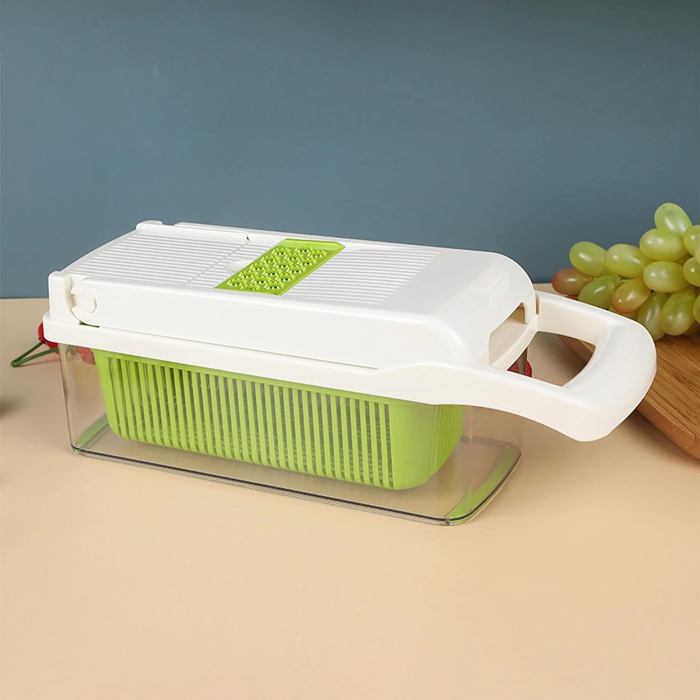 Feliator Multifunctional, Flippy, Razatoare, 8 in 1, pentru Fructe si Legume, 10 Piese, Lame de Inox, Recipient Stocare, Separator Oua, Protectie Mana, ABS, 67.5x38.5x49.5 cm, Verde/Alb [4]