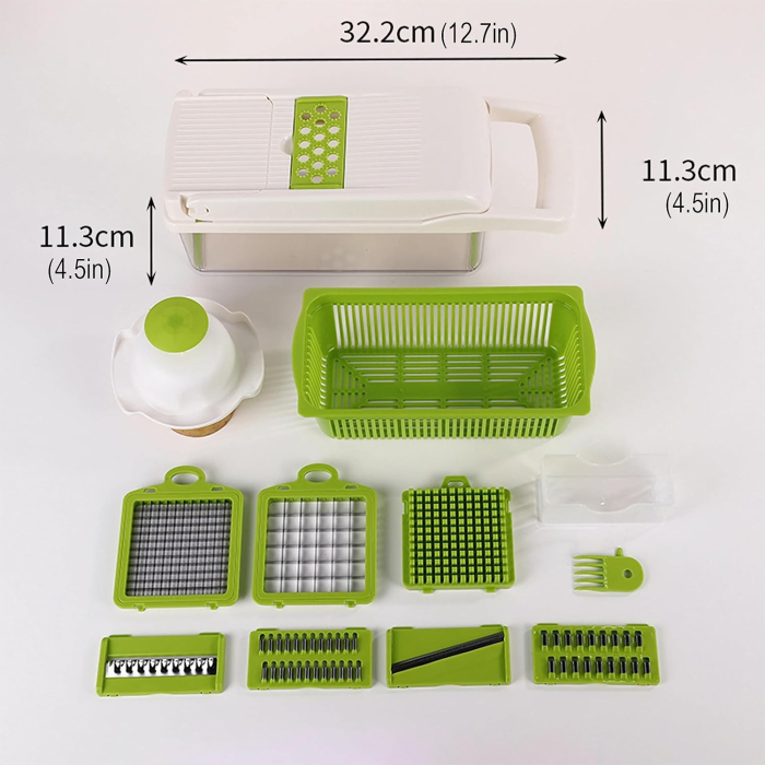 Feliator Multifunctional, Flippy, Razatoare, 8 in 1, pentru Fructe si Legume, 10 Piese, Lame de Inox, Recipient Stocare, Separator Oua, Protectie Mana, ABS, 67.5x38.5x49.5 cm, Verde/Alb [3]
