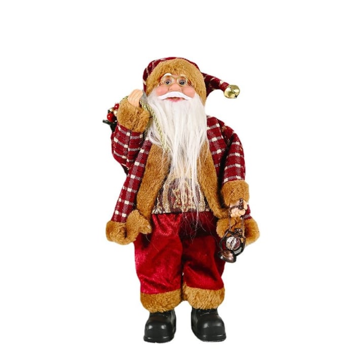 Figurina Decorativa Craciun, Flippy, Mos Craciun Asezat cu Sac si Felinar, 35 x 18 x 20 cm, Material Plastic+Textil, Interior/Exterior, Rosu/Auriu [7]