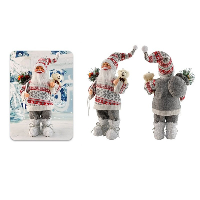 Figurina Decorativa Craciun, Flippy, Mos Craciun cu Flori si Urs, 30 x 17 x 10 cm, Material Plastic+Textil, Interior/Exterior, Rosu/Gri [3]