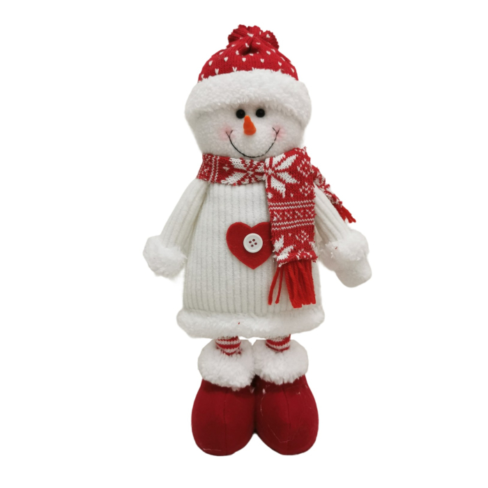 Figurina Decorativa, Pentru Craciun, Flippy, Om de Zapada, Picioare Telescopice, Inaltime Reglabila 44-54cm, Caciula cu Inimioare, Alb/Rosu [2]
