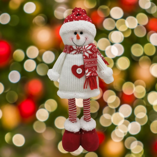 Figurina Decorativa, Pentru Craciun, Flippy, Om de Zapada, Picioare Telescopice, Inaltime Reglabila 44-54cm, Caciula cu Inimioare, Alb/Rosu [3]