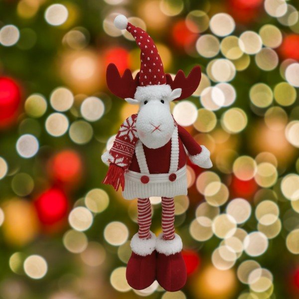 Figurina Decorativa, Pentru Craciun, Flippy, Ren, Picioare Telescopice, Inaltime Reglabila 44-54cm, Caciula cu Inimioare, Alb/Rosu [3]