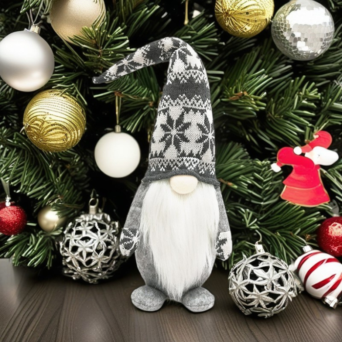 Figurina Decorativa, Pentru Craciun, Flippy, Spiridus, Omul Padurii cu Barba Lunga, Inaltime 47 cm, Gri [4]