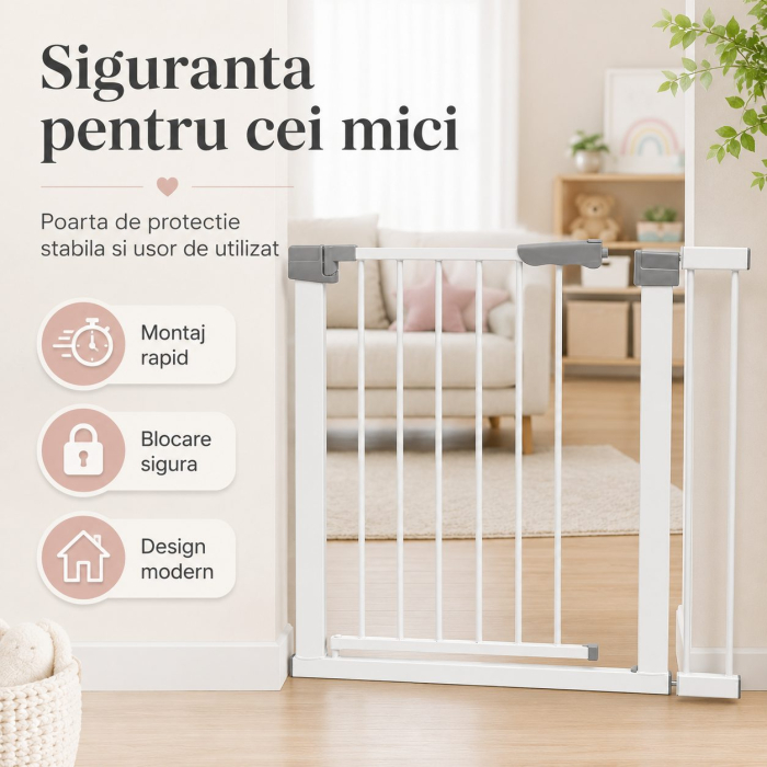 Gard de Siguranta cu Poarta pentru Copii, Flippy, Latime 66 cm, Inaltime 76 cm, Teava din Fier Vopsit, Elemente PP, Alb [3]
