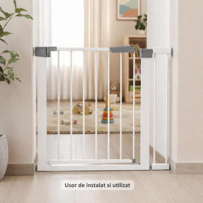 Gard de Siguranta cu Poarta pentru Copii, Flippy, Latime 66 cm, Inaltime 76 cm, Teava din Fier Vopsit, Elemente PP, Alb [2]